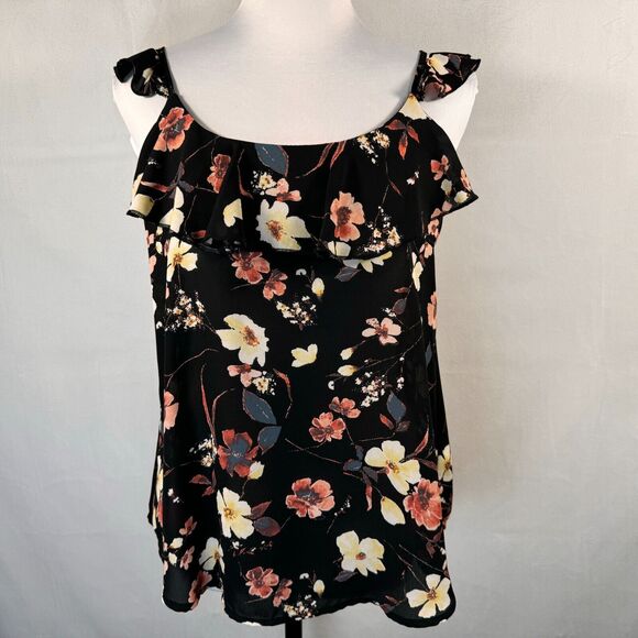 Peach Tops - Maurices Floral Tank Sz S Black Peach Yellow Ruffled neck spaghetti straps